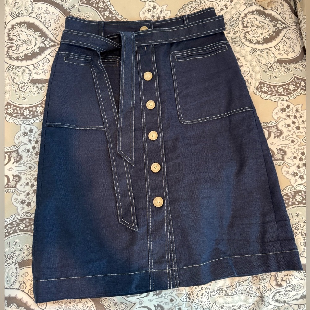 J.Crew Navy Stretch Linen Tie Button Front Skirt, Size 10